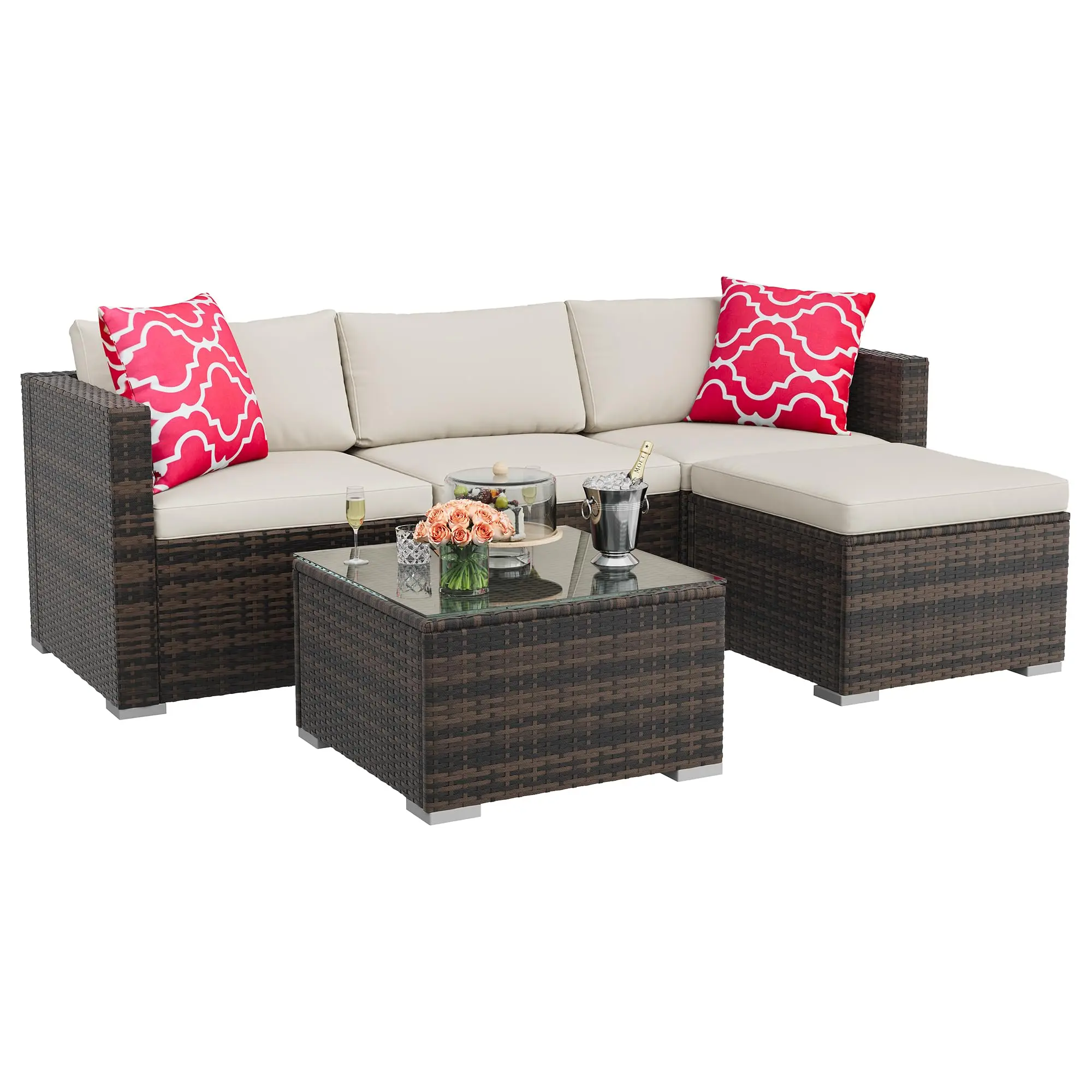Garvee Patio Furniture Set 5 Pieces, Outdoor Patio Furniture Set with Rattan Wicker Chairs, Glass Table and Cushions for Porch, Balcony, Backyard, Garden, Poolside, Brown & Beige