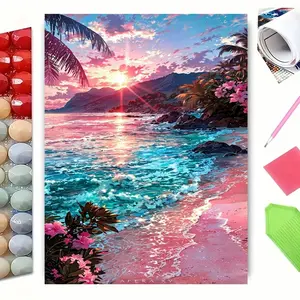 5D Full Drill Diamond Painting Kit, Anime Style Tropical Sunset Beach Ocean Landscape Art for Home Wall Decor, DIY Craft with Sparkling Rhinestones, Canvas & Tools, Perfect for Summer & Coastal Themed Decoration