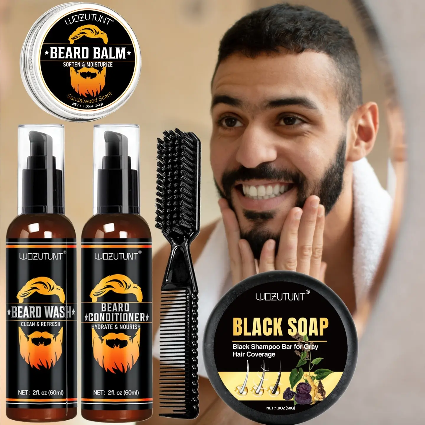 5-Piece Beard Care Set, Soap, Color Retention, Cover Beards, Deep Cleaning Shampoo, Moisturizing Conditioner, Anti-Frizz, Beard Care Kit, Beard Grooming Kit, Beard Balm, Beard Brush, Beard Routine Kit