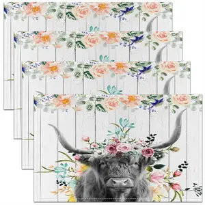 Highland Cow Placemats Set of 4,Highland Cattle Floral Printed Placemats for Dining Table,Western Rustic Wooden Decor Table Mats,Placemat 18"x12"