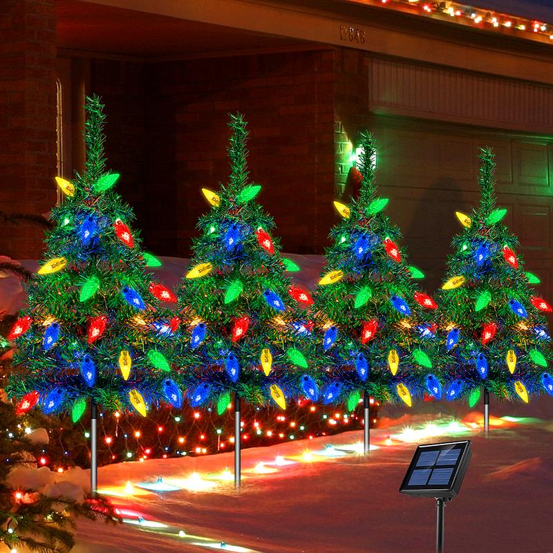 EVEDIOR 4-Pack Solar Christmas Tree Lights with 80 Multicolor Strawberry-Shaped Lights, 35.4-Inch Waterproof Outdoor Tree Stakes for Garden, Yard, Lawn and Holiday Decorations