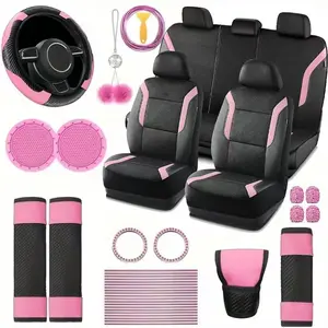 45pcs Car Interior Set, Memory Foam Thick Mesh Car Seat Covers, Plush Ornaments PU Leather Steering Wheel Cover Shoulder Cover Coaster Shift Lever Cover Vent Decorative Cover, Universal and Durable Suitable for SUV Cars and Trucks, Car Interior Accessory