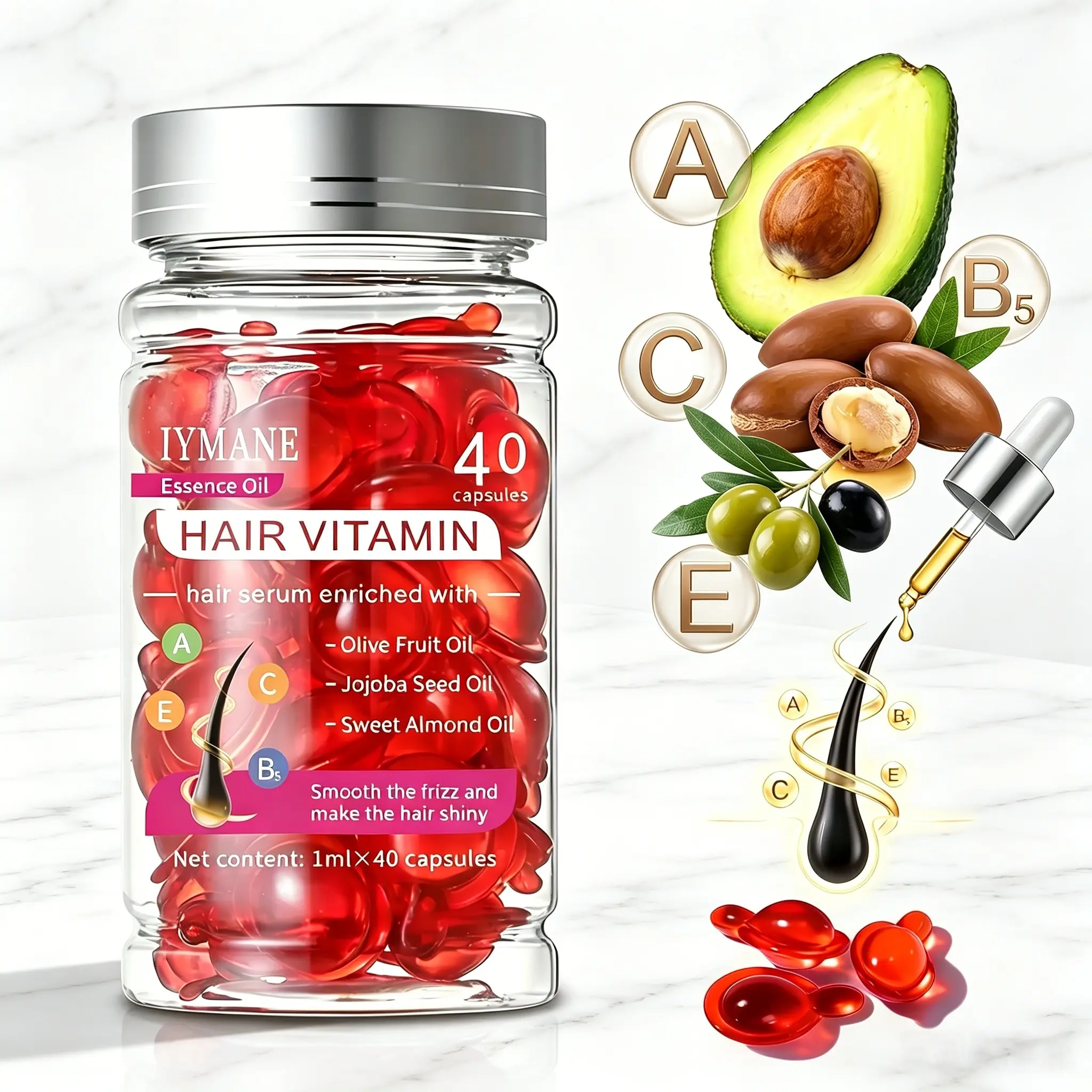 40 Capsules Hair Oil with Argan Avocado & Moroccan Oil, Hair Vitamins A C E Pro B5 Leave In Conditioner Hair Serum for Frizzy Damaged Hair, Haircare Conditioner for Women & Men