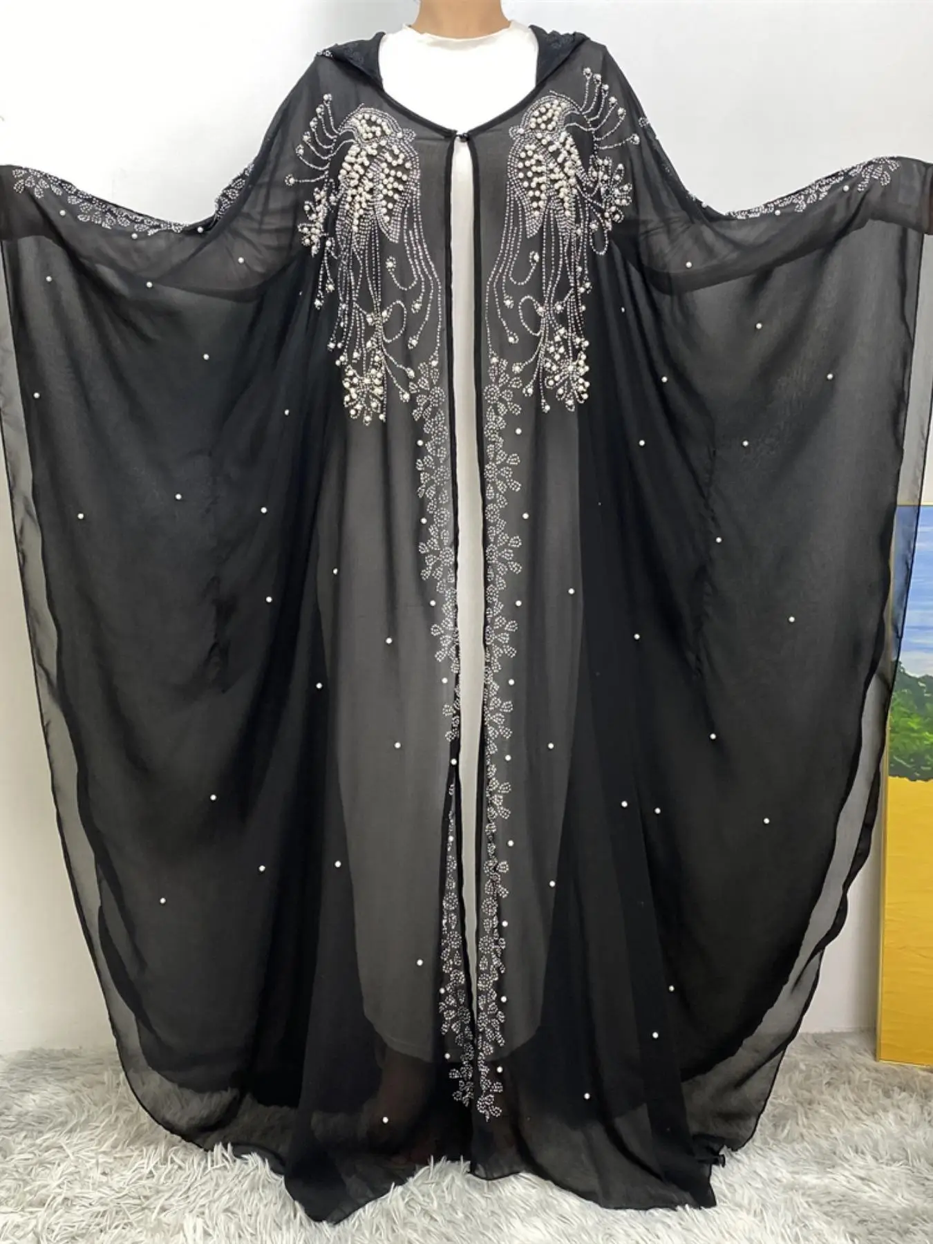 Modesty Faux Pearl Decor Contrast Sequin Batwing Sleeve Semi Sheer Hooded Abaya without Inner Dress, Button Front Split Sleeve Chiffon Abaya, Summer O