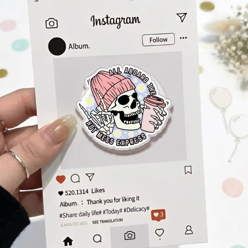 All Aboard The Hot Mess Express Phone Grip Magsafe, Skull With Coffee Phone Holder, Funny Phone Grip, Cartoon Kindle Grip, Gift for Girls Boys