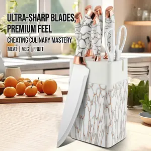 Premium White Marble 7-Piece Kitchen Knife Set with Sharpener Block | High-Carbon Stainless Steel Razor Sharp Blades | Ergonomic Rose Gold Bolster Handle for Meat, Fruit & Veggie Kitchen summervibes