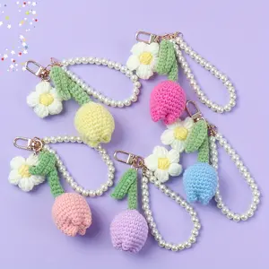 Handmade Crochet Tulip Keychain with Pearl Chain - Vibrant Mixed Color Puff Flower Bag & Phone Pendant, Durable Yarn Gift for Women, Mothers Day, Birthday, Summer Accessories, Creative Accessory | Playful Aesthetic Hook Knitting Craft, Cr