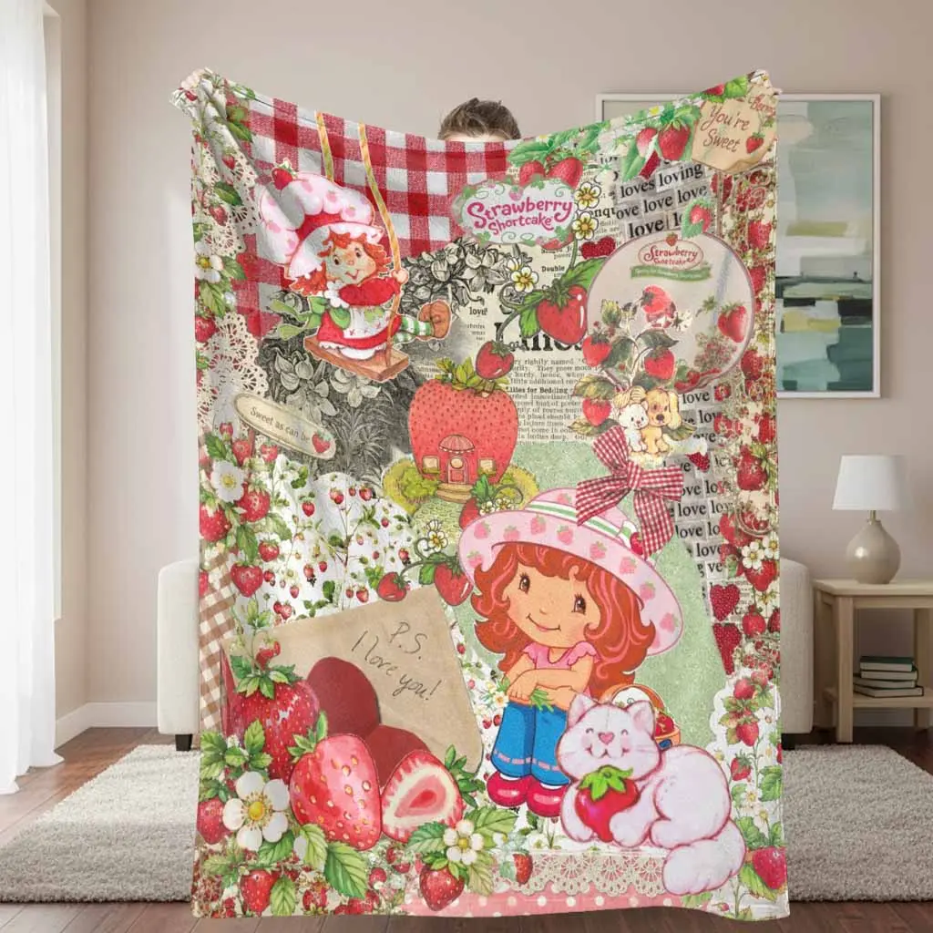 Vintage Strawberry Cottage Flannel Blanket Sweet Berry Patchwork Doll Cat Floral Lace Print Soft Warm Plush Throw for Sofa Bed Picnic Tea Party Valentines Gift