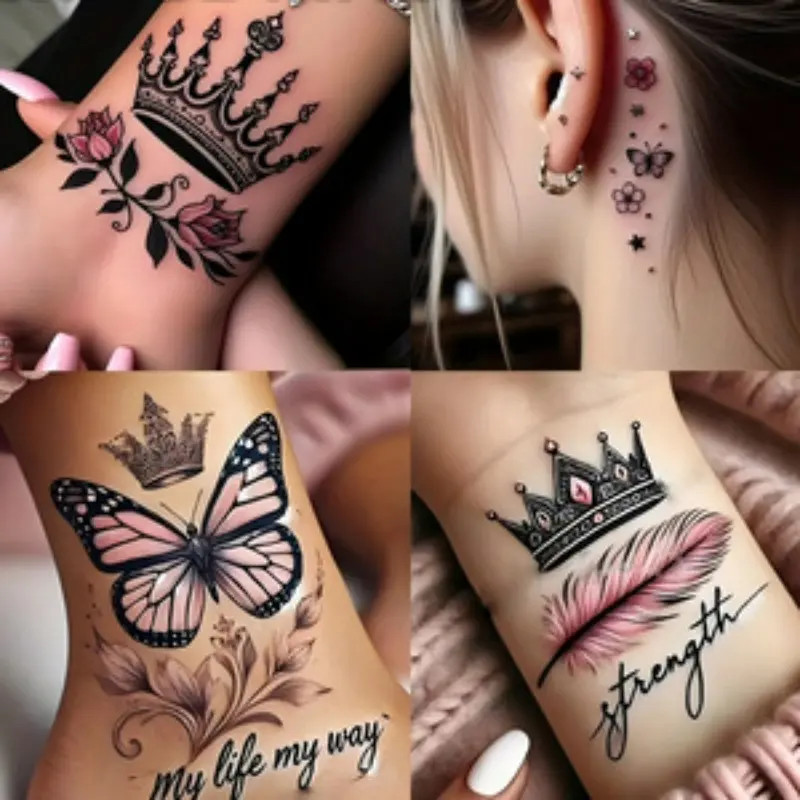 Set of 8 Temporary Tattoos Featuring Roses, Feathers, Butterflies, Hibiscus & Leaves, Romantic Design for Daily Wear & Special Occasions, Temporary Tattoo Kit