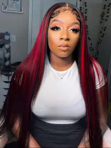 Black Red Highlight 13x4 Lace Front Wig Skunk Stripe Highlight Straight Wig Free Part Pre Plucked Natural Hairline Heat Resistant Synthetic Wig Red Concert Look Straight Wig Coachella Festival Look 28 Inches