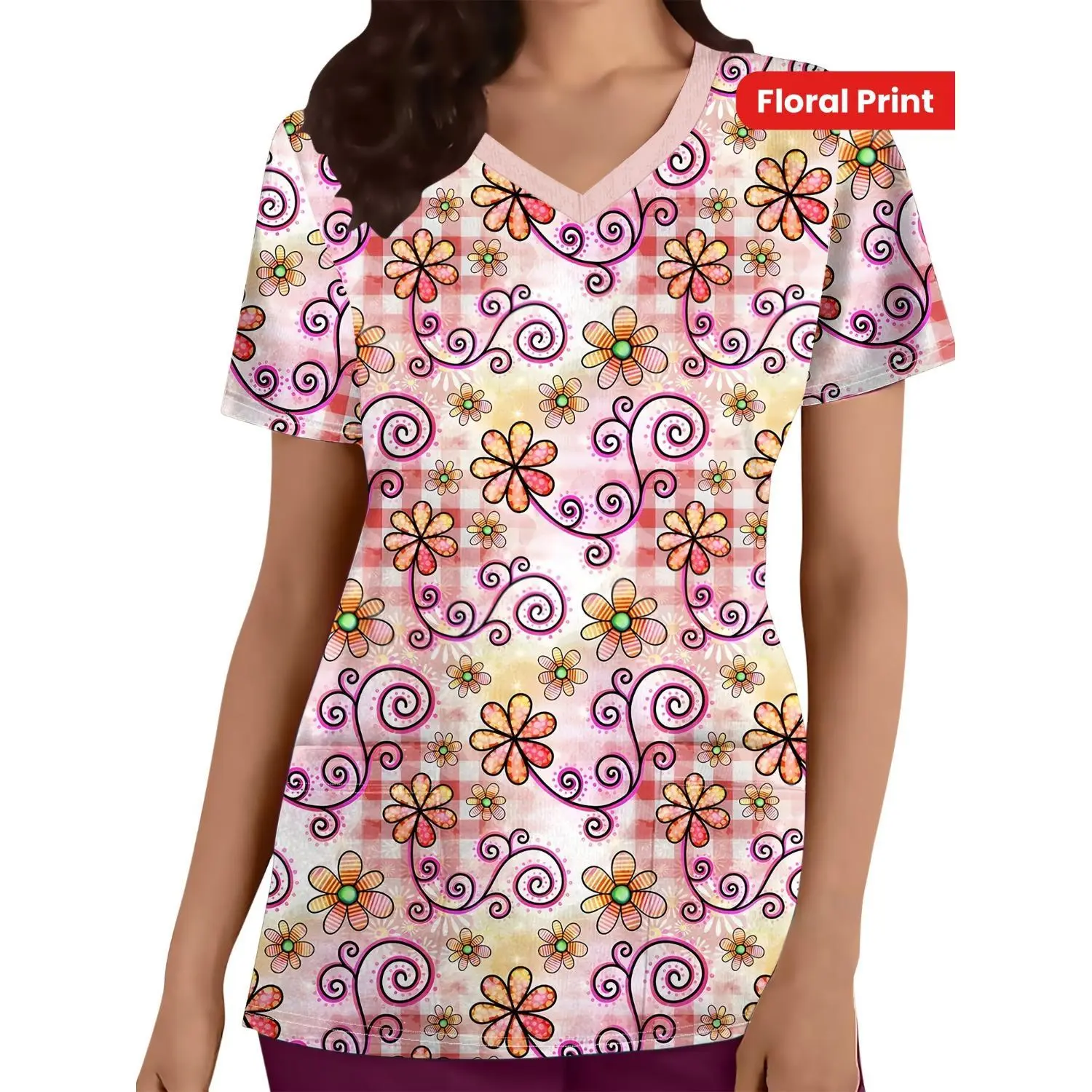 Floral Print V-Neck Scrub Top for Women - Breathable Short Sleeve Nurse Uniform with Pockets, All-Season Casual Workwear, Machine Washable Vibrant Swirl Design, Comfortable Fit for Healthcare Professionals