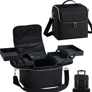 Large Makeup Train Case, Makeup Carrying Case with 4 Clear Bags, Make up Box with Dividers,Soft Cosmetic Make up Case for Travel Makeup, Nail Art, Eyelash Extension Bag, Quilted Black springtok