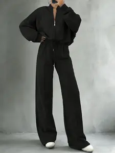Fashion Casual Loose Comfortable Sweatshirt Jacket + Relaxed Straight Leg Pants Two-Piece Set, Womenswear Outfit Stylish Daily Wear