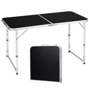 Folding Table 4 Foot Portable Heavy Duty Plastic Fold-in-Half Utility Table Small Indoor Outdoor Adjustable Height Folding with Carrying Handle, Camping and Party, Black