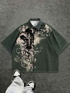 Men’s Gothic Floral Print Plaid Cuban Collar Shirt, Oversized Streetwear Short Sleeve Button-Up with Cross & Angel Graphics, Multiple Color Options, Perfect for Casual Outings, Dark Academia Style, and Everyday Wear for a Bold, Edgy Vibe. #Streetwear #Pla