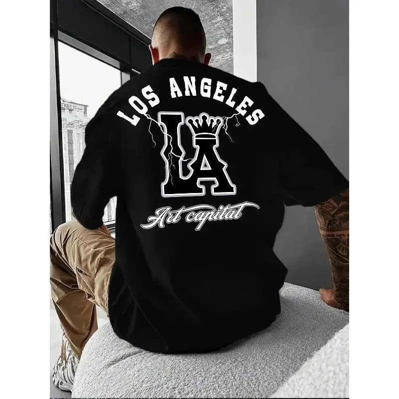 Men's LA-Themed Oversized T-Shirt with LA & LA Lettering Print - Breathable Summer Casual Short Sleeve Shirt Suitable for Outdoor, Casual Attire & Los Angeles Style - Machine Washable Loose Fit Round Neck Top