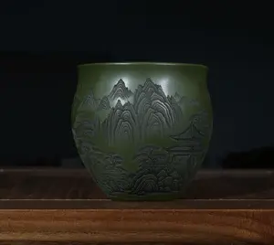 Yixing Raw Ore Green Clay Handmade Zisha Master Cup with Landscape & "Ambition of Green Clouds" Engraving, Capacity 150CC