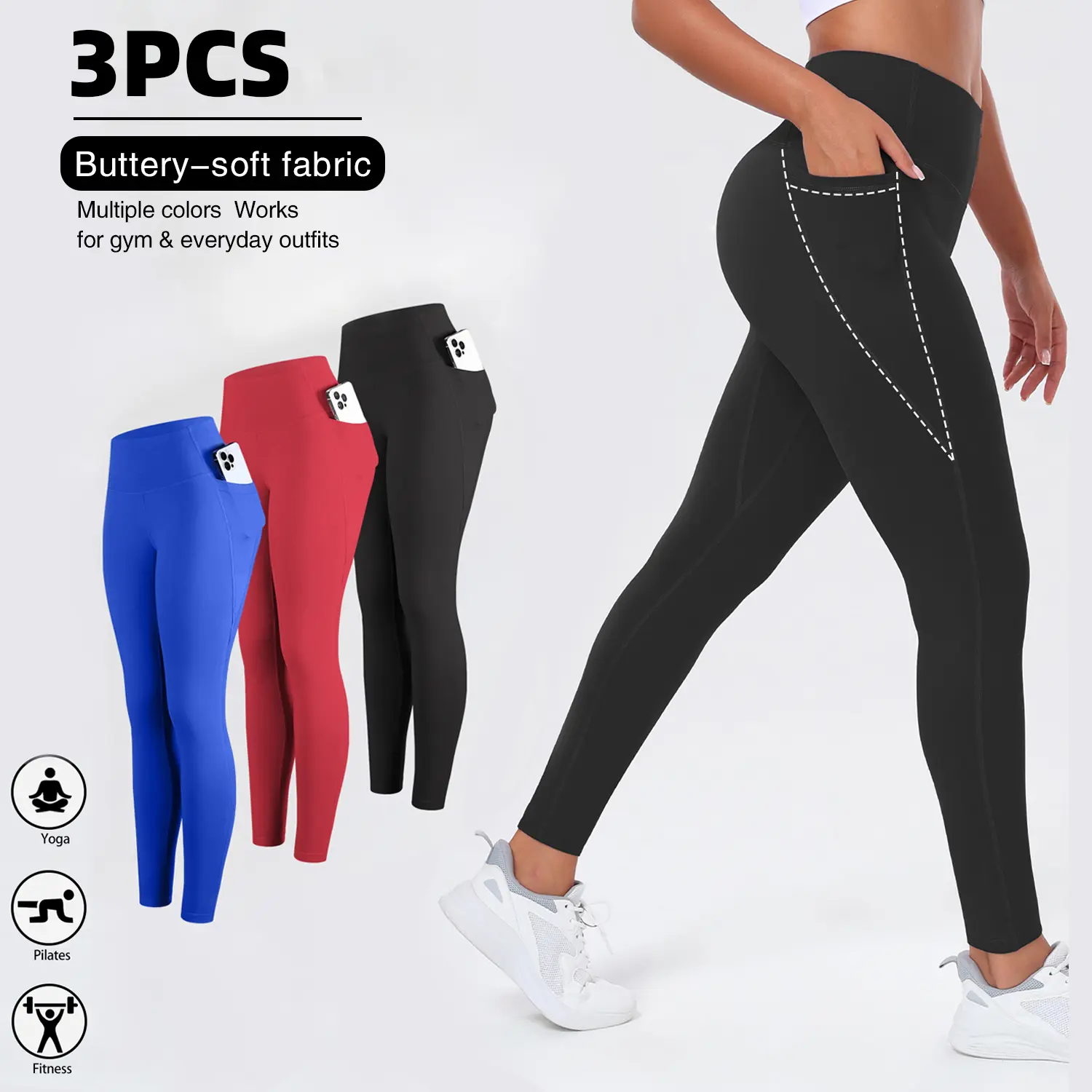 Women's 3 Pack/5 Pack Ultra-Soft High Waist Leggings with Pockets - 4-Season Wear, 4-Way Stretch Buttery-Soft Fabric, Ideal for Yoga & Gym Sports Leggings, 4-Way Stretch Women's Sports Leggings