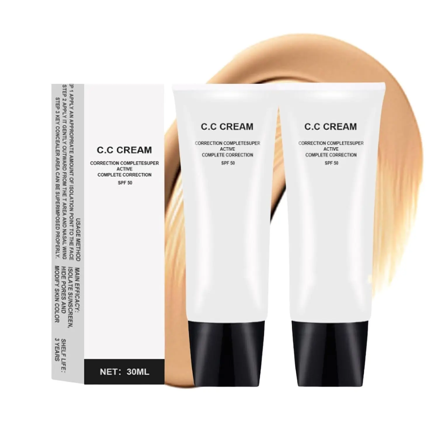 2PCS Natural Skin Tone Adjusting CC Cream SPF 50,Cosmetics CC Cream,All-In-One Face Sunscreen and Foundation,Colour Self