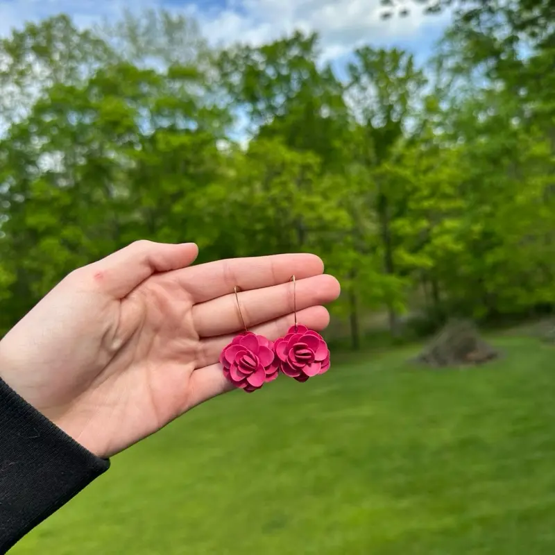 Fuchsia Dangle Handmade Clay Earrings - Elegant Design with Pink Flowers, Ideal for Everyday Wear