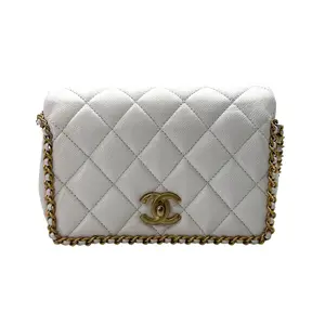 Pre-owned CHANEL Caviar Shoulder Bags 22B White Quilted Leather Chain Shoulder Bag With Gold Hardware(HA***LK) CC1444