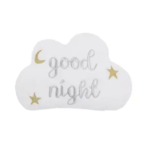 White Cloud with Gold and Silver Embroidery "Good Night" Decorative Pillow with Moon and Stars