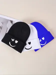Happy Face Embroidery Knitted Hat, Graphic Beanie &, Elastic Knit Hats, Unisex Skull Cap, Cuffed Beanies for Women Men, Premium Headwear