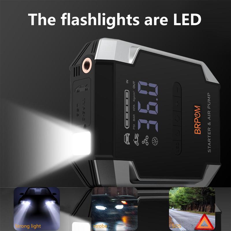 BRPOM [5 in 1] 8500A Portable Car JumpStarter with Air Compressor(ALL Gas, 10.0L Diesel) WithTire Inflator, 12V Car Battery JumpPower Fast charging With LED Light Jump starter