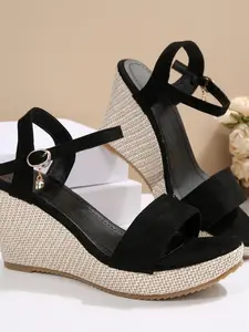 New Straw Wedge Sandals, Strap Open-Toe Buckle High Heels, Comfortable Versatile Office Shoes, Height-Boosting Casual Footwear
