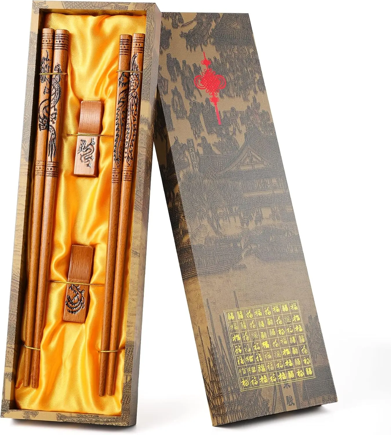 Chinese Style Chopsticks - Dragon and  Set With Holder and Carrying Bag,  Wooden  Set (2 Pairs)