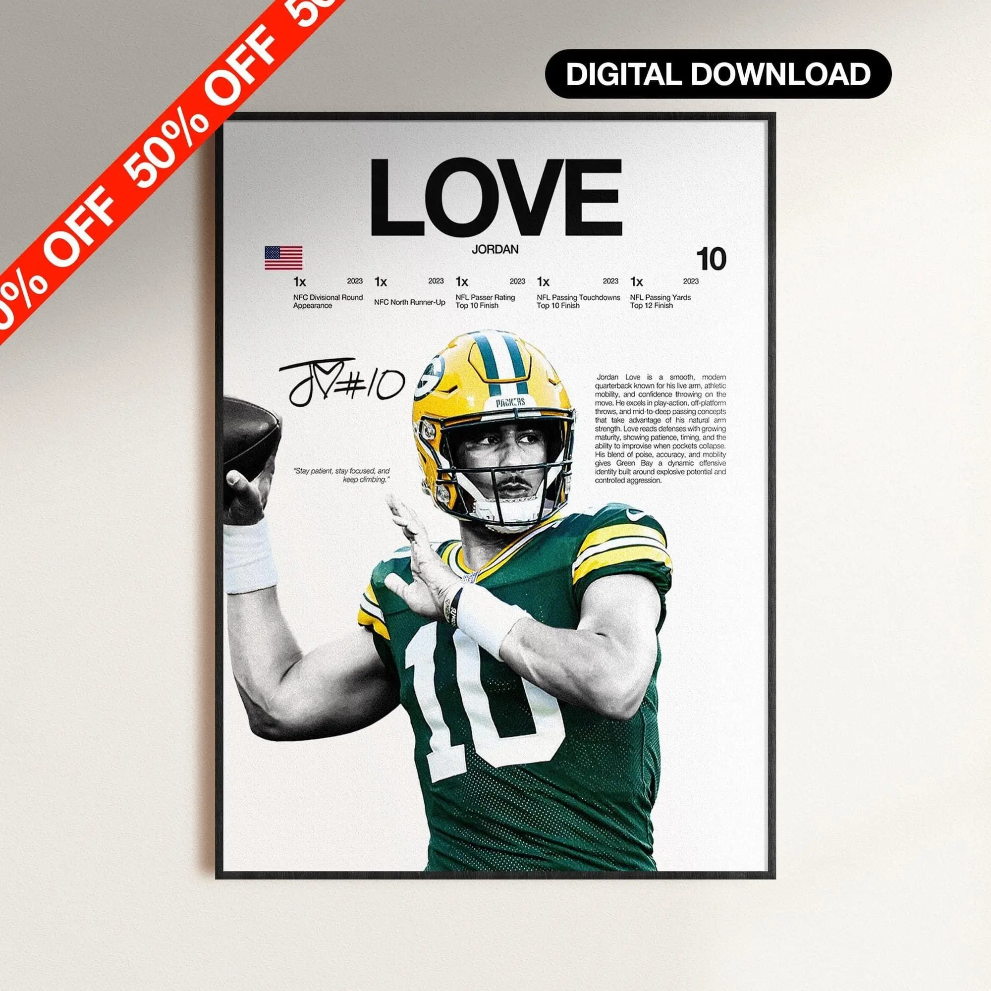 Jordan Love Poster, NFL Wall Print, Football Digital Download, NFL Poster Print, Sports Decor, Green Bay Poster, Football nfl Gift