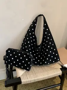 New fashion retro polka dot tote bag for daily commute with large capacity, simple reversible design + matching small bag two-piece set