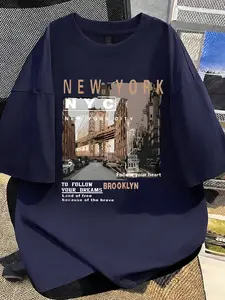 Retro NYC Premium Cotton Tees NEW YORK Brooklyn Bridge Print Urban Street Vibe Breathable Skin-Friendly Stretch Non-Fading Crew Neck Versatile Slim Fit Four Colors Available Perfect for Street Commute Wear