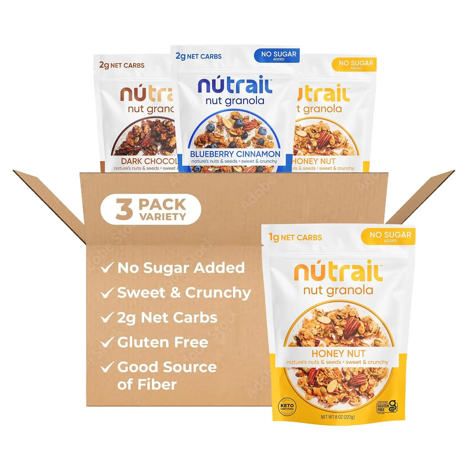 NuTrail Nut Granola Cereal, Variety Pack, No Sugar Added, Keto, Low Carb, Gluten Free, Grain Free, Healthy Breakfast 8 oz. 3 Count | No Seed Oils, Real Ingredients, Almonds, Pecans, Coconut, Pumpkin and Sunflower Seeds