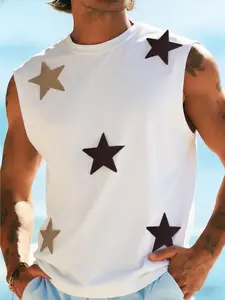 Men's Streetwear Casual Loose Fit Dual Color Star Decor Summer Beach Sleeveless T-Shirt, Casual Trendy Tee, Graphic Vest Without Zipper and Buttons, Casual Summer Clothing