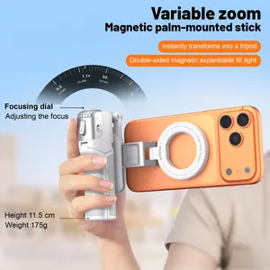 Magnetic Palm-Mounted Selfie Stick Tripod, 4-in-1 Extendable Phone Stand with Zoom Remote Control & Fill Light, 360° Rotatable Portable Handheld Stabilizer for iPhone, for Vlog, Live Stream, Travel, Photography, Video Recording