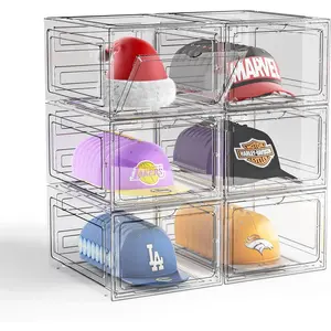 Hat Organizer Box for Baseball Caps, 6 Pack Clear Plastic Hat Storage Box, Hat Holder for Closet, Hat Display Case with  Door, Hat Rack, Snapback Organizer, Hat Case, Hold 8 Cap Each