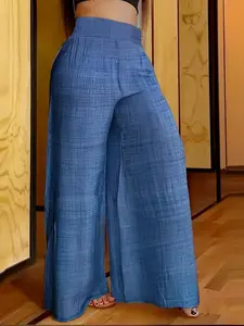 Plus Size Plain Shirred High Waist Wide Leg Pants, Casual Comfy High Rise Palazzo Trousers for Daily Wear, Women's Bottoms for Summer