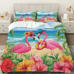 3PCS Duvet Cover Set, 1 Duvet+2 Pillowcases(Without filler), Flamingo Beach Tropical Summer Holiday theme, Summer bedding set, Vibrant Animal Print Suitable for decoration Bedroom, Guest Room, Beach House, Vacation Home.