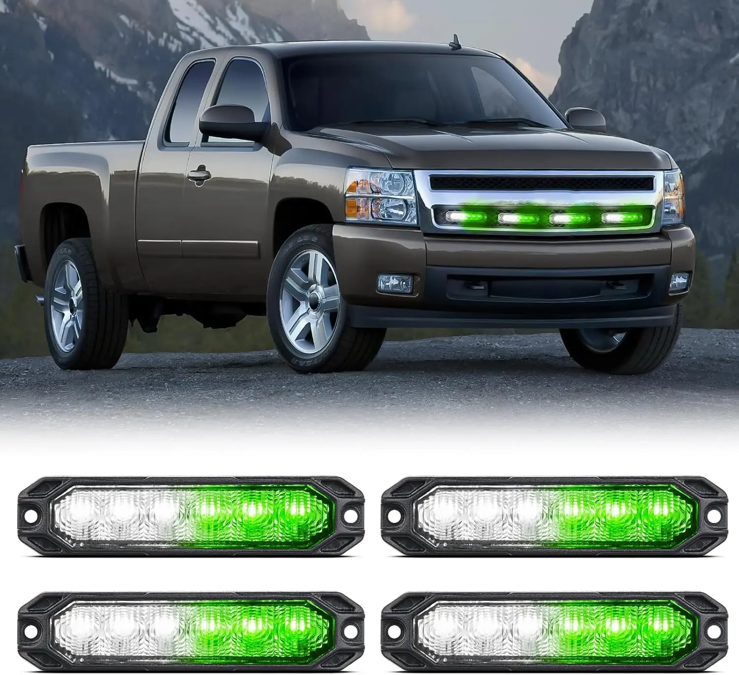 Nilight 4PCS 6LED Green White Strobe Light Kit - 12V-24V Ultra Slim Surface-Mount Sync Flash Patterns, High Intensity Waterproof LED Lights with Memory Function for LED Truck Pickup, Offroad Lighting, Campers, Tractors