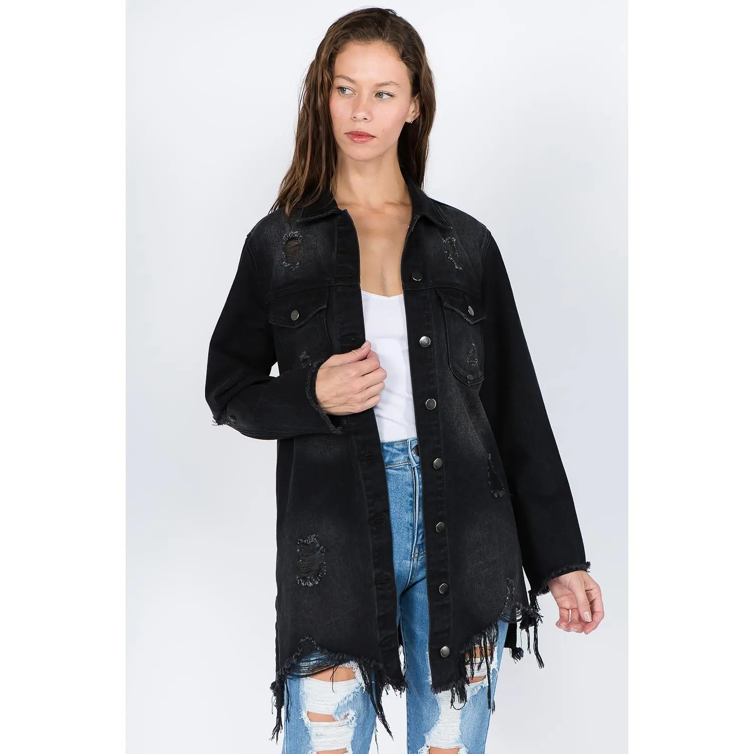 American Bazi Distressed Frayed Hem Denim Jacket