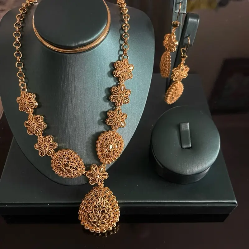 Women's Dubai Gold-Plated Jewelry Set, Arabic Waterdrop Flower Necklace & Earrings, Wedding Bridal Costume Jewelry