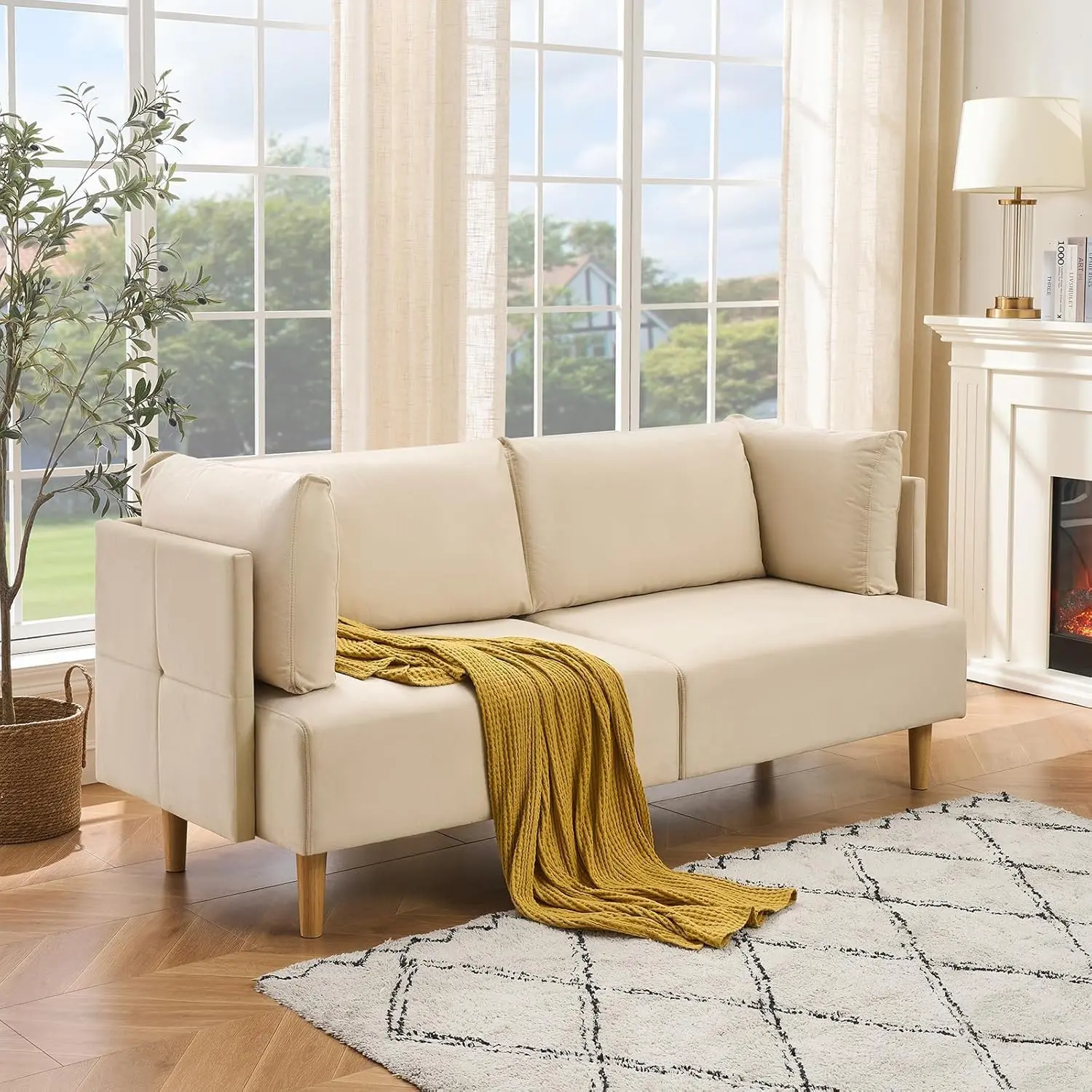 76 in Loveseat Sofa, Modern Sofa 2 Seater Couches for Living Room, Velvet Sofas with Depth Seat,Small Couch 2 Armrest Pillow Included, Comfy Couches for Bedroom, Apartment and Office,Beige