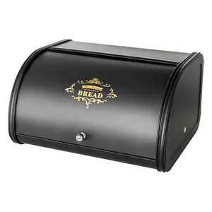 【Kitchen Essentials】SOTECH Metal Bread Box for Kitchen Countertop Large Capacity Black Bread Storage Bin with Roll Top Kitchen Organiser Pantry Snack Storage Containers Bread Holder for Kitchen Counter Sturdy