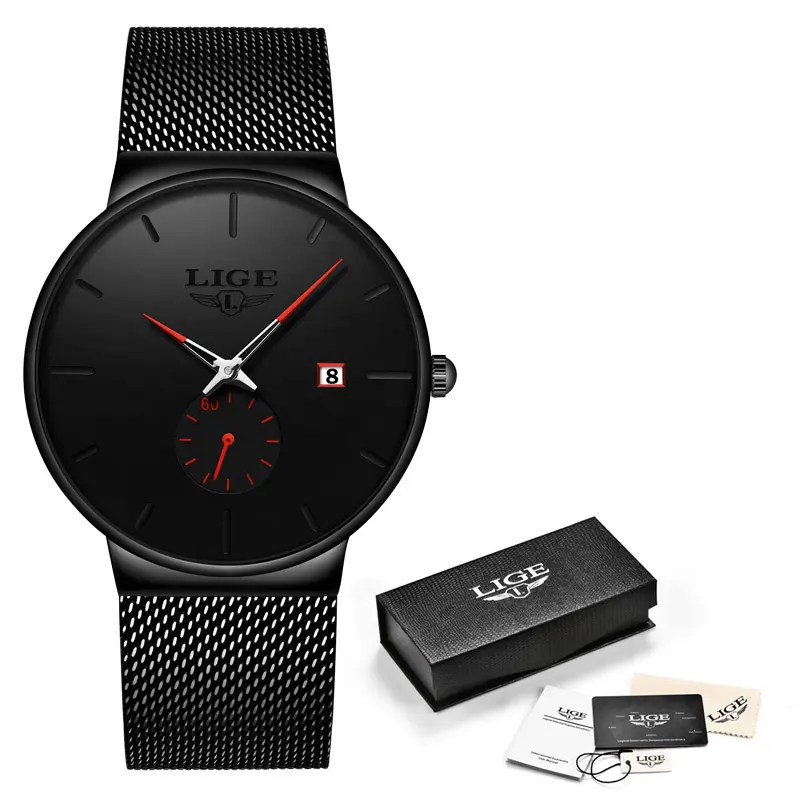 Black Dial Red Hands Steel Mesh Strap