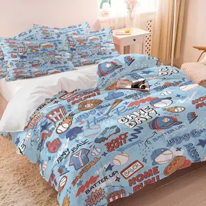 American Cartoon Graffiti Duvet Cover Set & 1-2 Pillowcases No Core, Light Blue Base Color & Baseball Glove Bat Jersey Popcorn Elements, Soft Comfortable Bedding, Kids Room Decoration Gift Choice