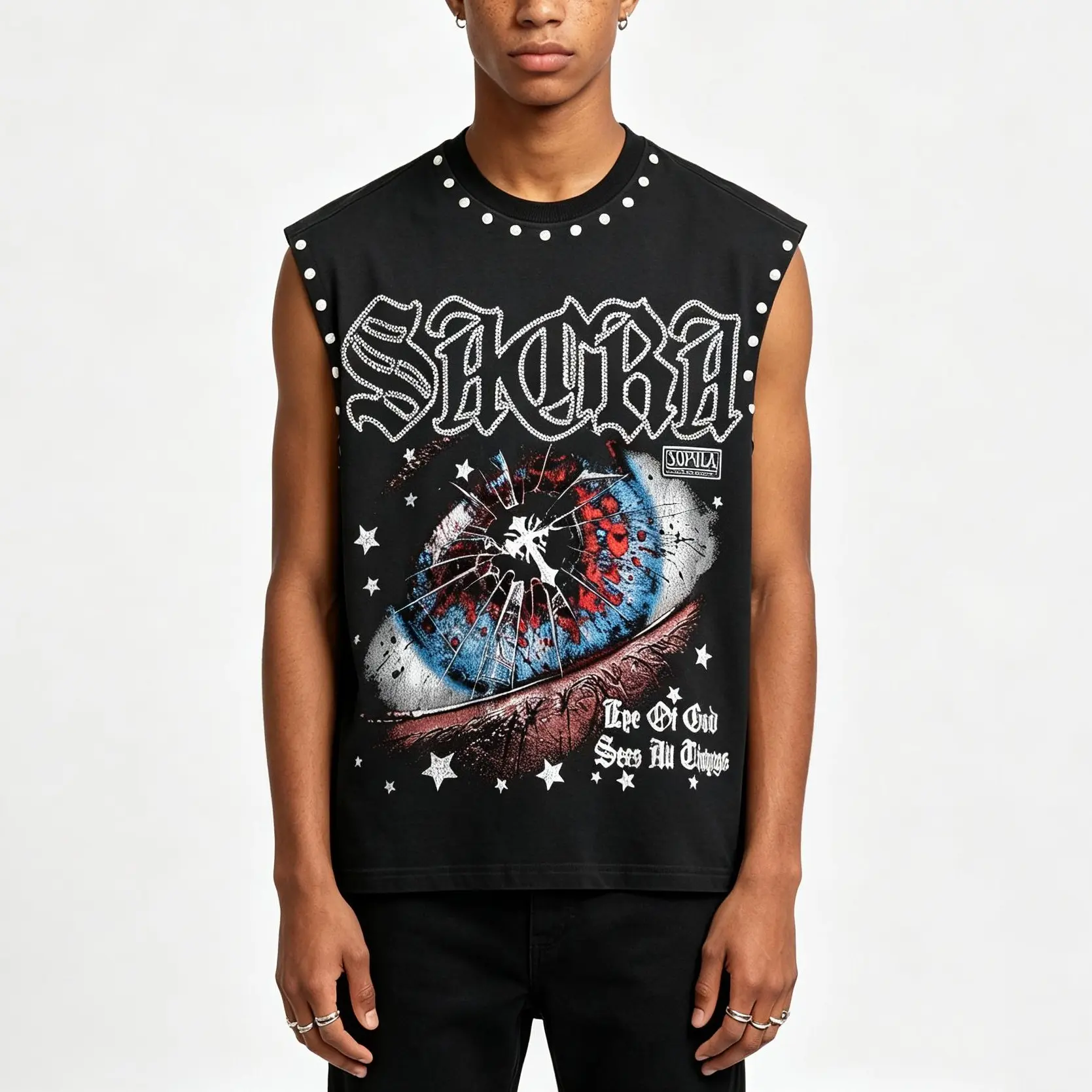 Sopula Studio Menswear Sleeveless Eye Of God Graphic Rhinestone Tank Top Workout Style Fashion Tank Top Black  tank tops for men