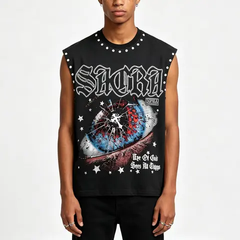 Sopula Studio Men's Cotton Sleeveless Eye of God Graphic Rhinestone Print Tank Top - Black Casual Street Style Garment, Vintage Swag Workout Menswear Top