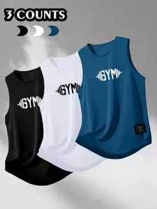 Men's 3-piece set of "GYM" printed sports vest with dumbbell pattern and inspirational words, a gym sleeveless shirt suitable for training, running, and basketball in a loose fit, durable and eye-catching print suitable for fitness enthusiasts