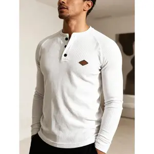 Men's Waffle Knit Henry Shirt, Fitted Long Sleeve Casual Business Button-Up, Soft Breathable Texture Tee for Daily Wear & Office StyleGift